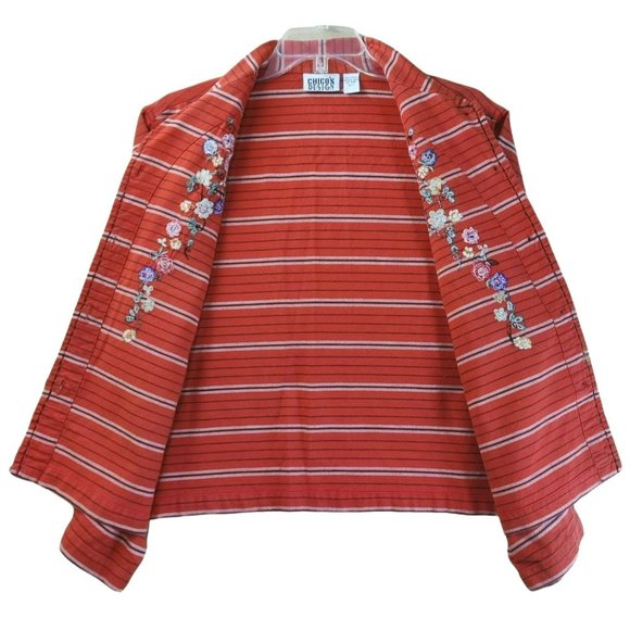 Chico's Design Size 1 Fits Women's M/L Cotton Striped Floral Embroidery Jacket - Picture 2 of 16